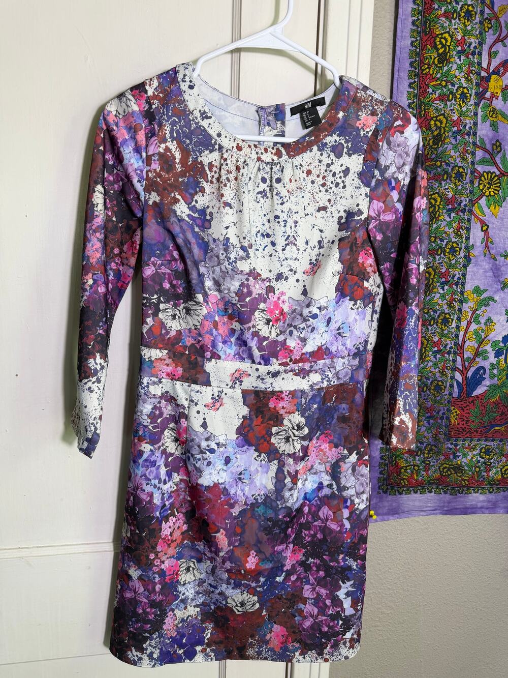 H&M Size 6 Floral Abstract Paint Splatter Dress Long Sleeve Purple Pink